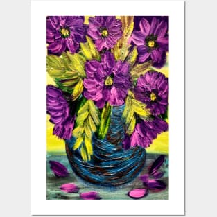 Bright purple flowers on a turquoise vintage vase Posters and Art